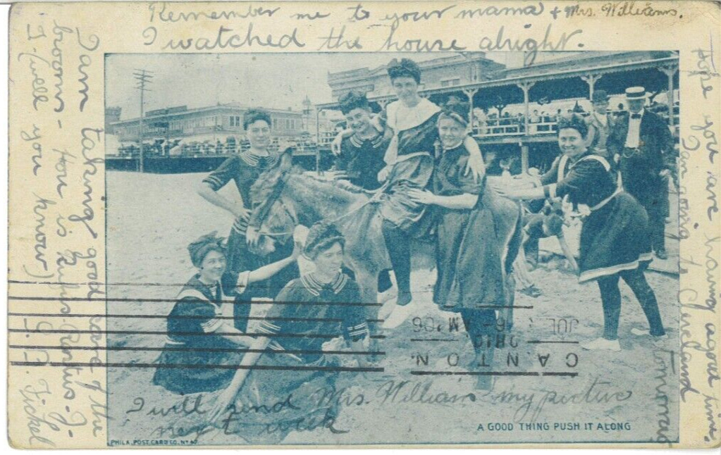 1906 Beach Girl on Donkey Swimwear Antique Litho Postcard Philadelphia Card Co.