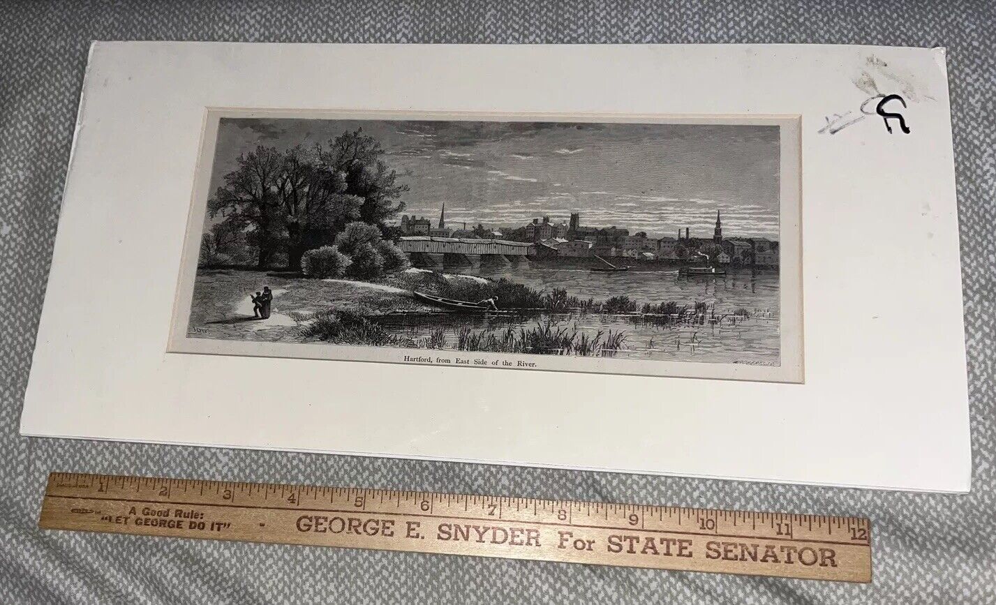 14.25 x 7.25” Antique Print: Hartford from the East Side of Connecticut River