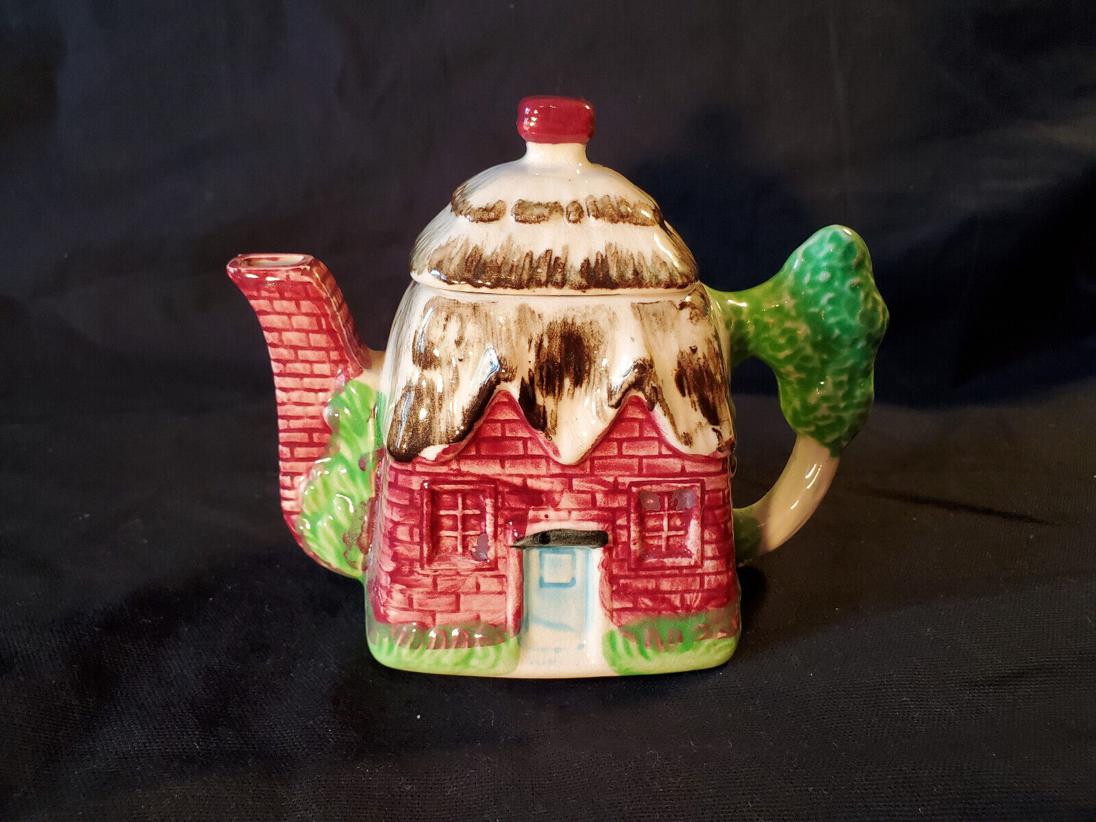 Japanese Cottage ware 5 Inch Tall Teapot Red Brick Cottage with Thatched Roof