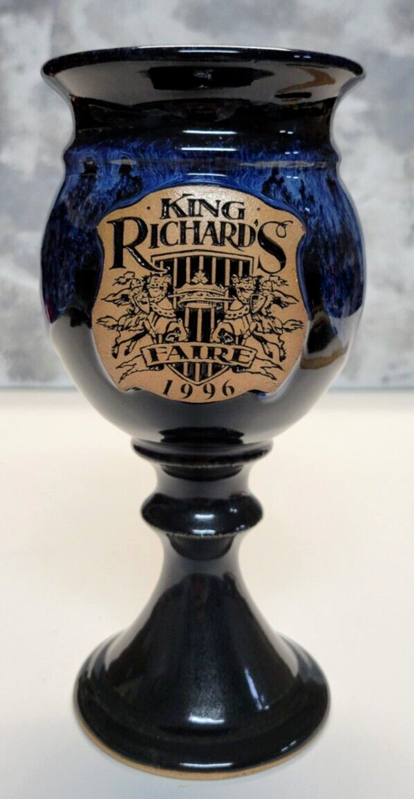 King Richard\'s Faire Blue Pottery Renaissance Mug Cup Drip Glaze Pluth 1996 Logo