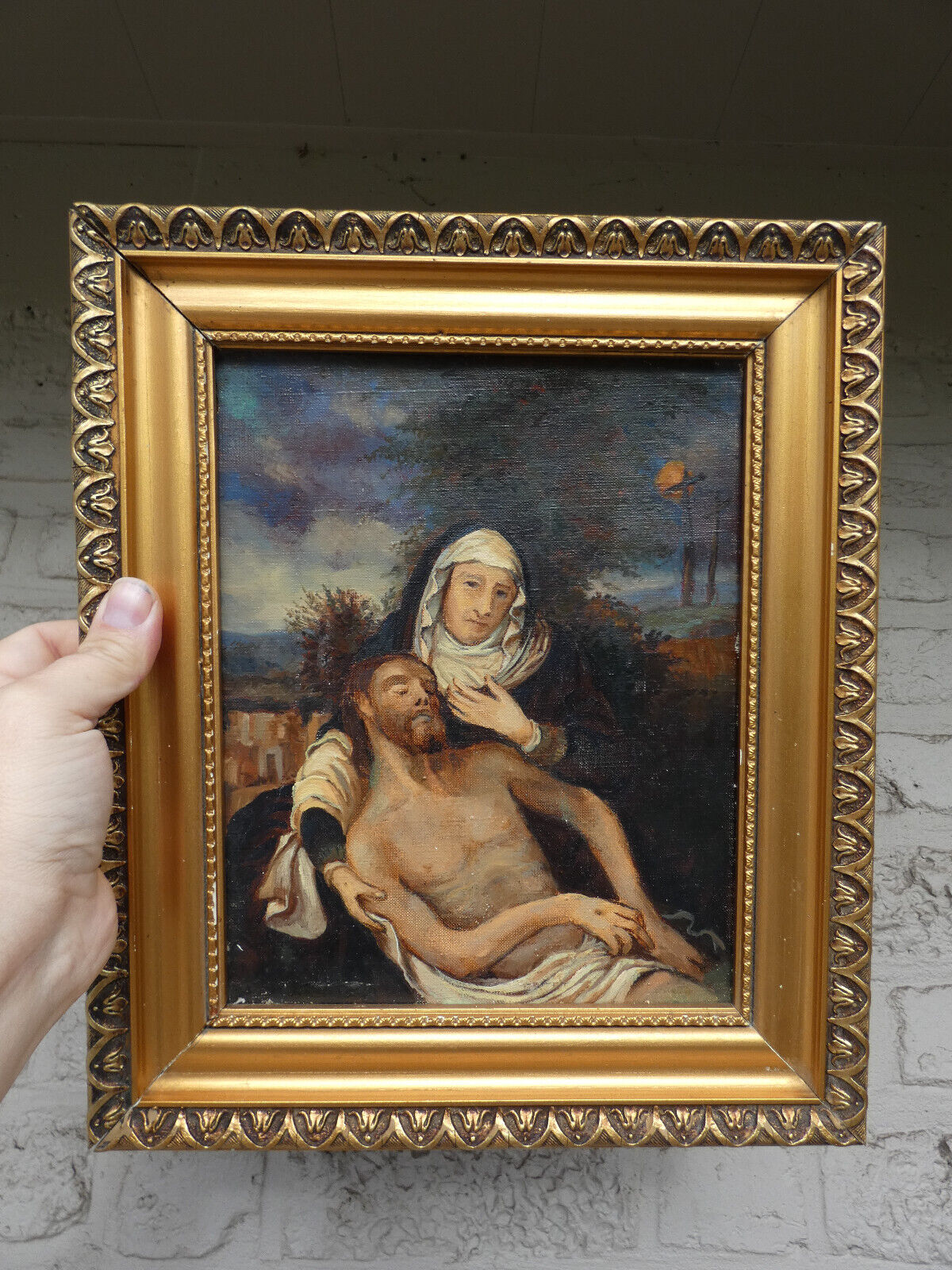 Antique French oil canvas pieta jesus painting religious