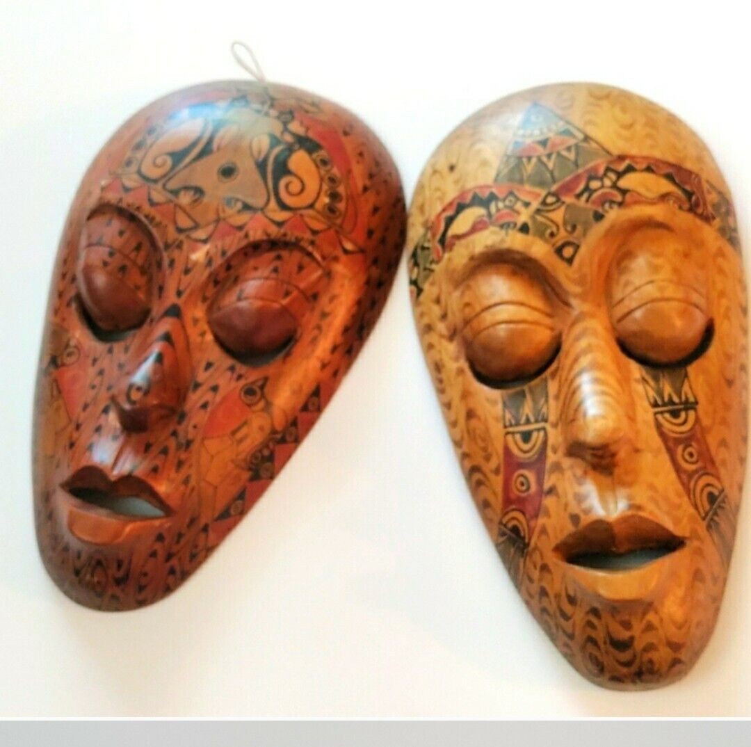 2 Tribal Masks. Wall Hanging Hand painted Mask, Hand Carved Wooden Mask 13\
