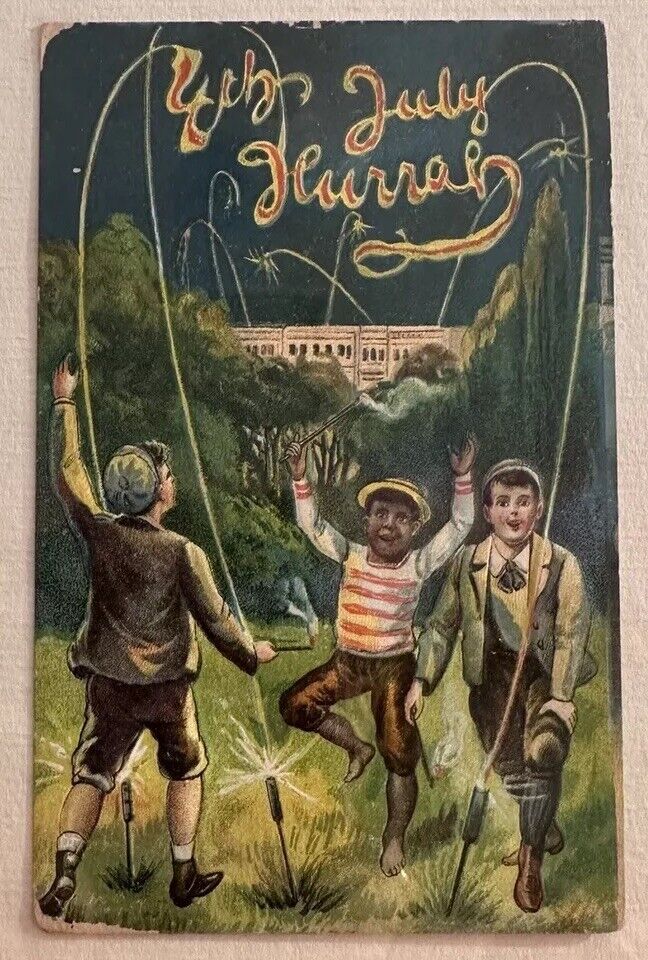 Antique Postcard Rare, Interracial Group Of Boys Celebrate 4th Of July, Saxony