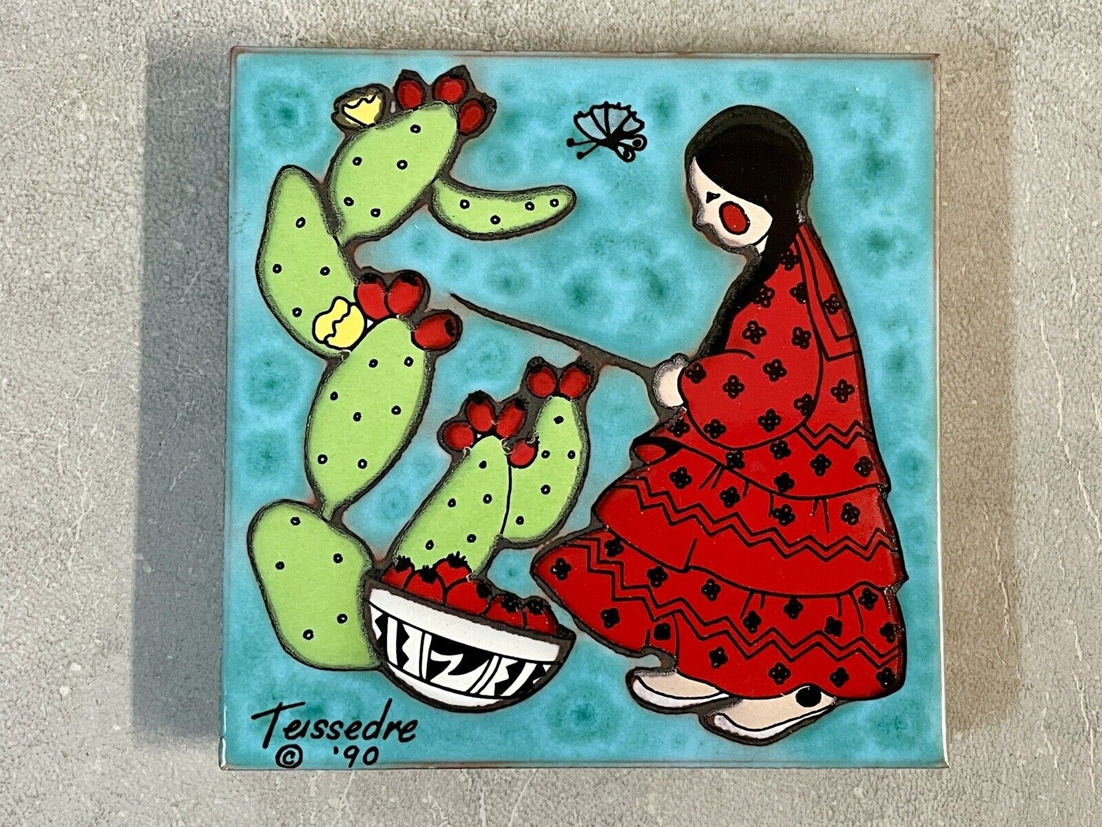 Vintage 4” Cleo Teissedre Southwestern Pottery Native Prickly Pear Tile Trivet