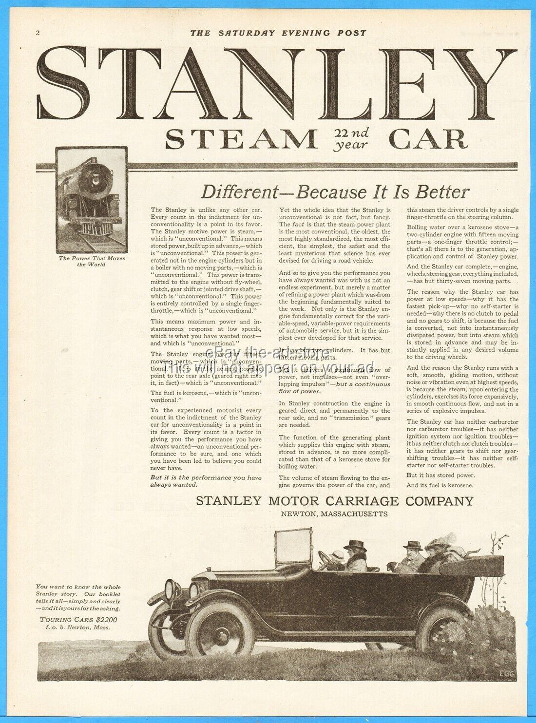 1917 Stanley Motor Carriage Co Print Ad Stanley Steam Touring Car Newton MA