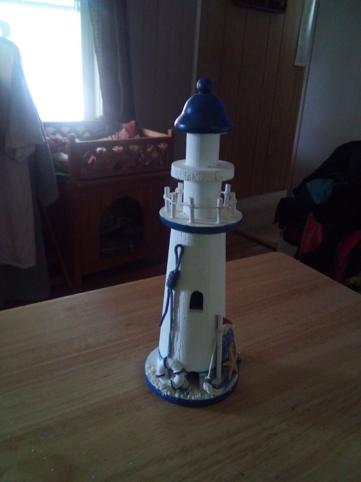 Wooden Lighthouse White Blue Stripes  - Handcrafted Nautical Ship And Starfish 