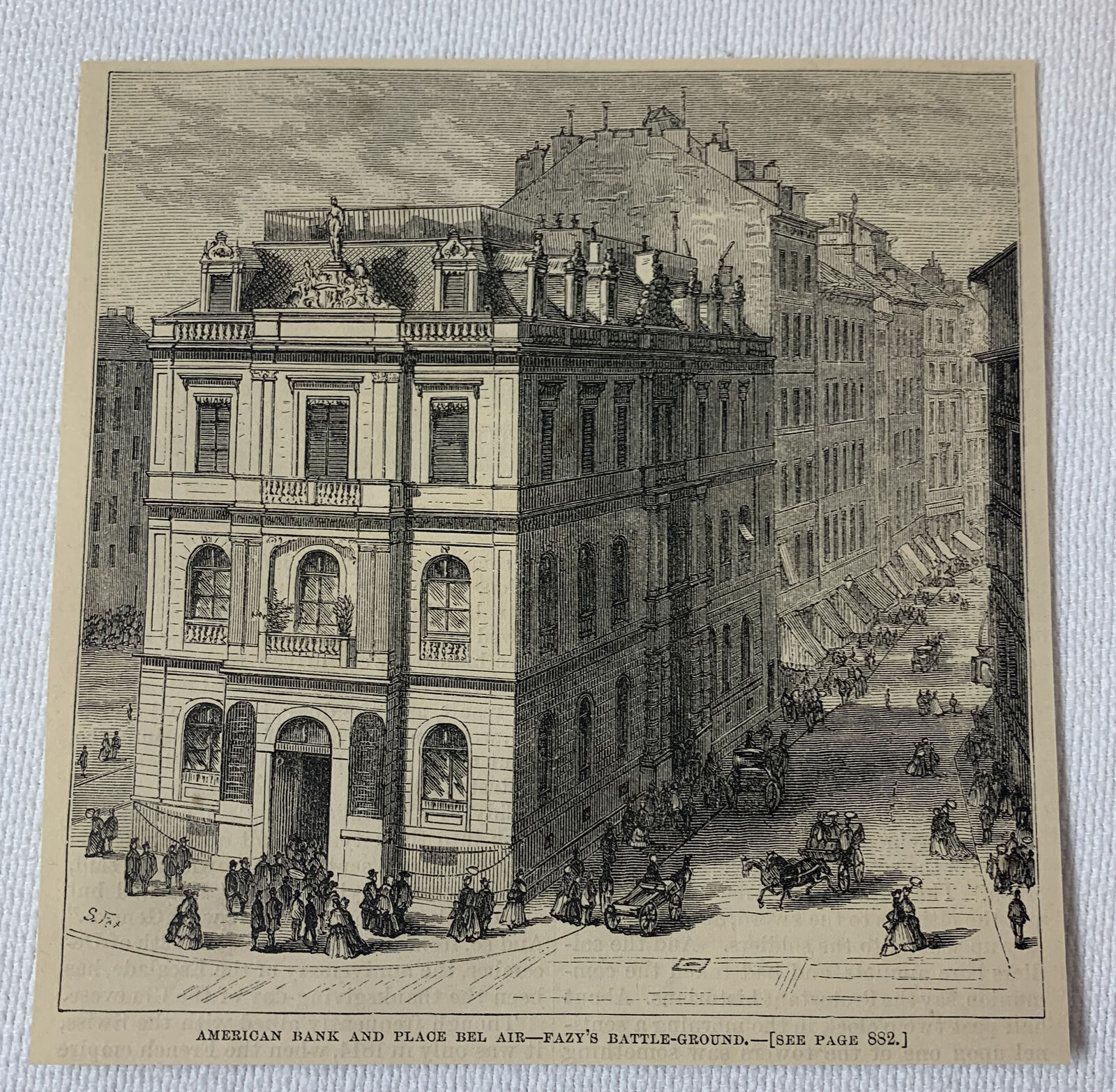 1872 magazine engraving ~ AMERICAN BANK AND PLACE BEL AIR Geneva,Switzerland