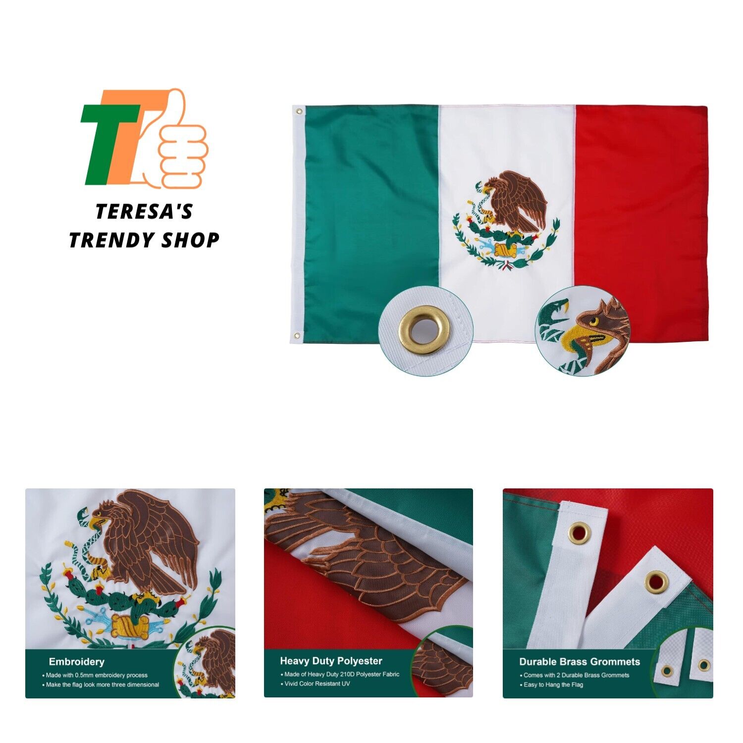 Mexican Flag 5x8 Ft Outdoor, Embroidered Mexico MX Flags with 3 Brass Grommet...