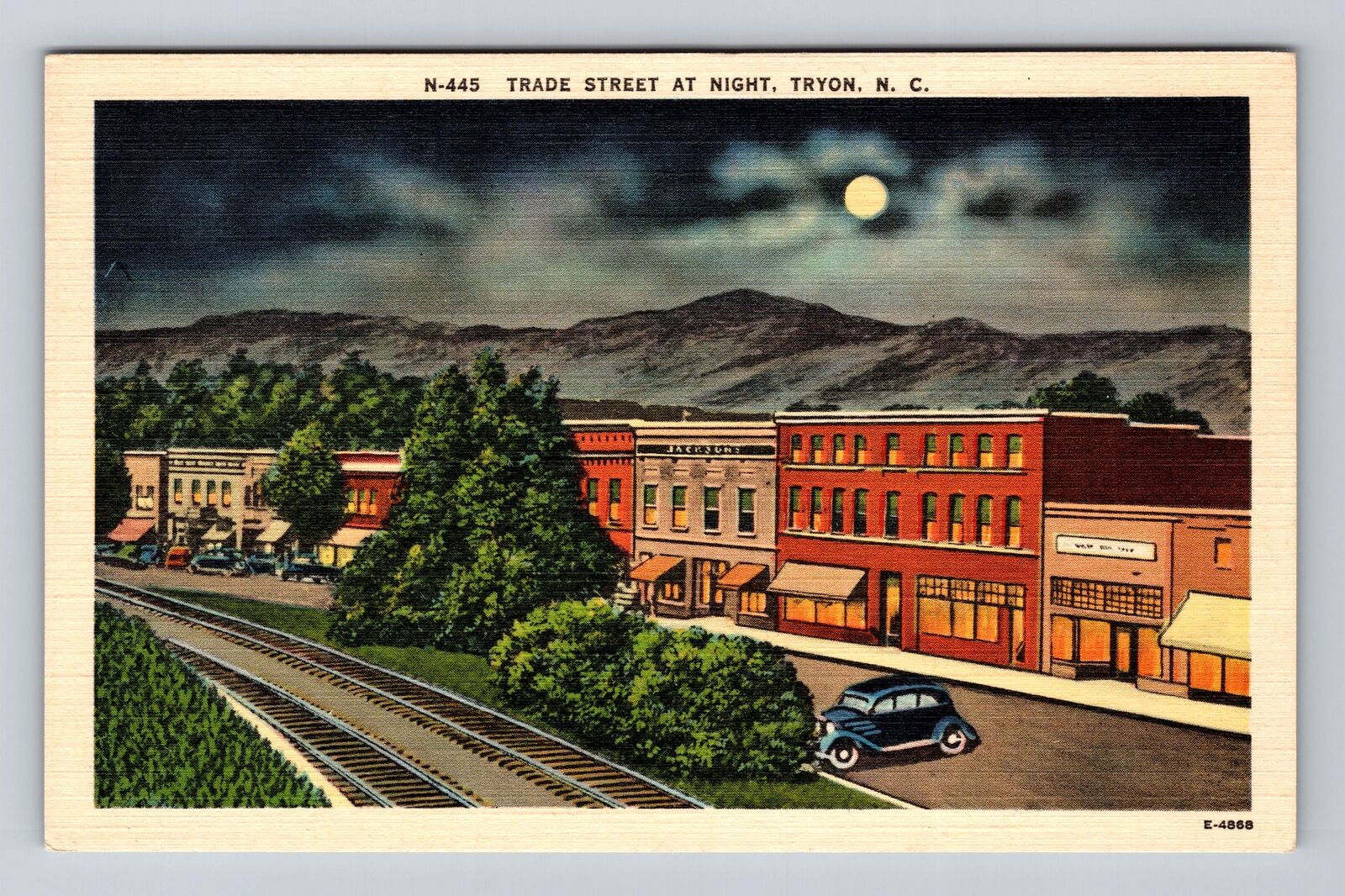 Tryon NC-North Carolina, Birds Eye Trade Street at Night, Vintage Postcard