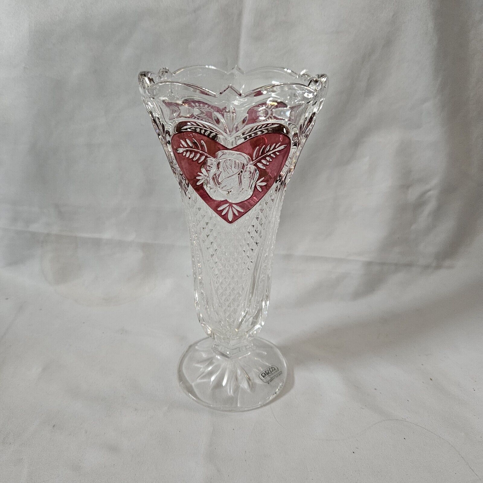 Enesco Lead Crystal  Vase Ruby  Flashed  Hearts  Roses 7.5