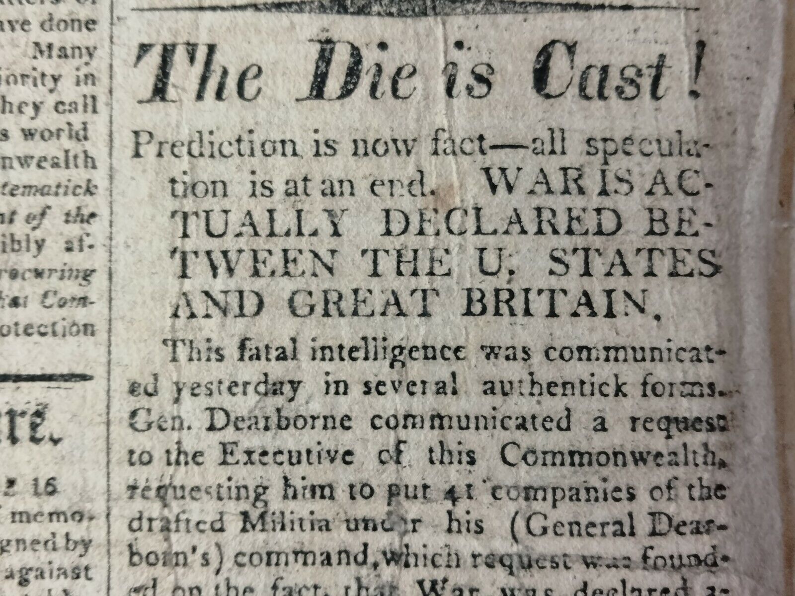 Newspapers-War of 1812-THE DIE IS CAST 1st NEWS, WAR DECLARED BY JAMES MADISON