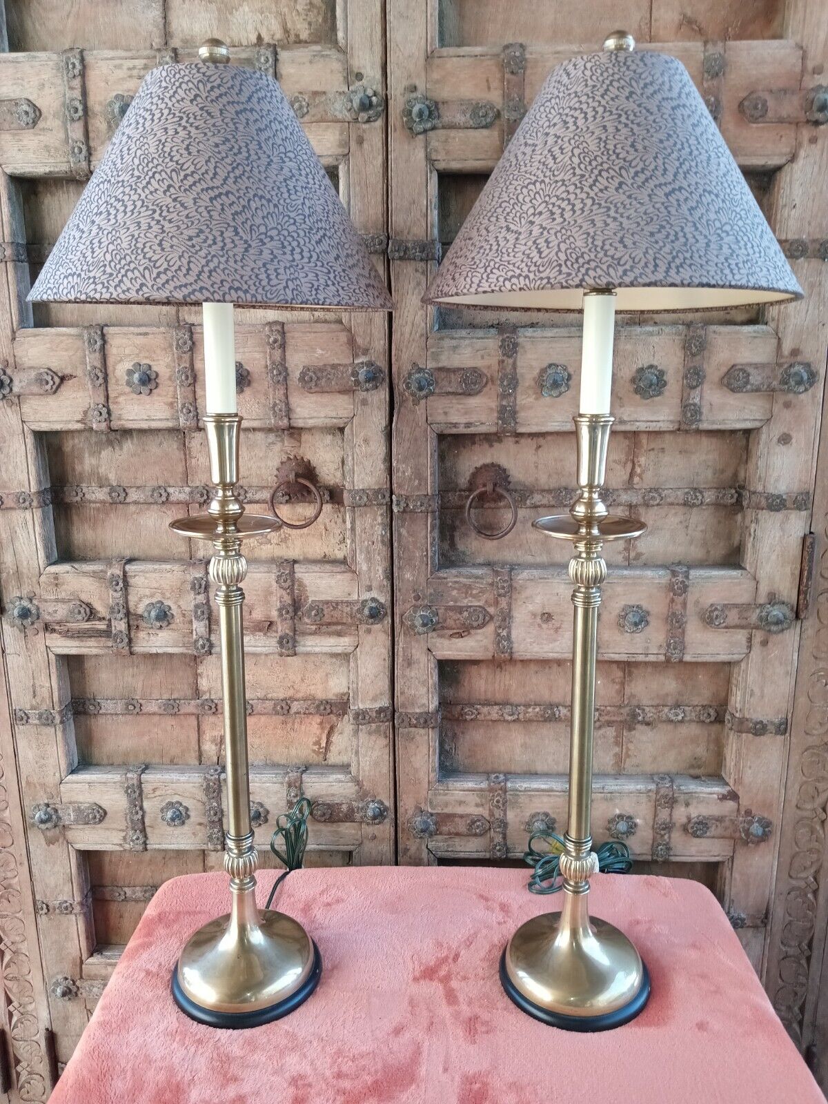 Pair Vintage Frederick Cooper Brass Candlestick Lamps Shades Chicago 33\