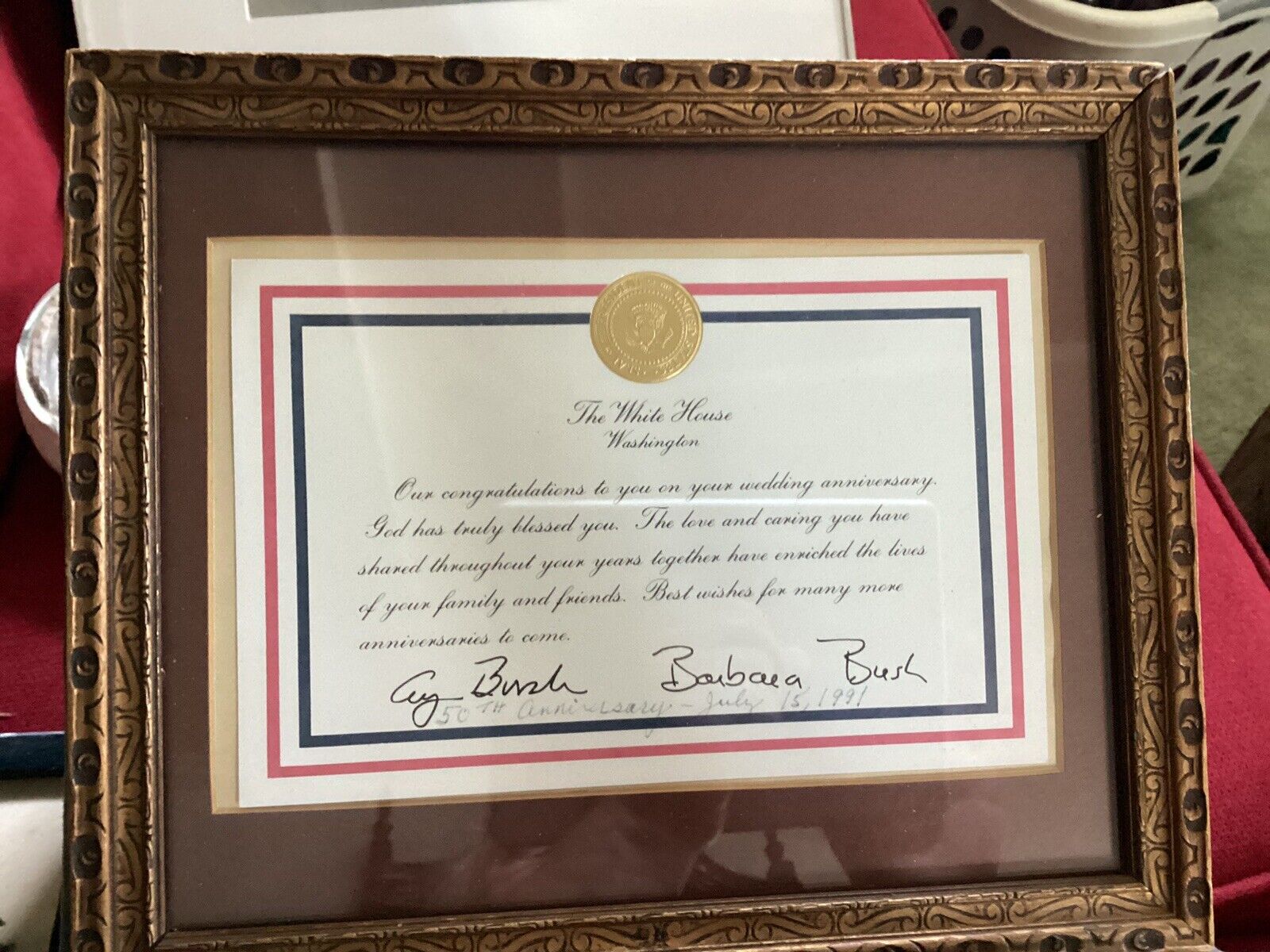 George H.W. Bush And Barbara Bush Signed White House Letter with POTUS Gold Seal