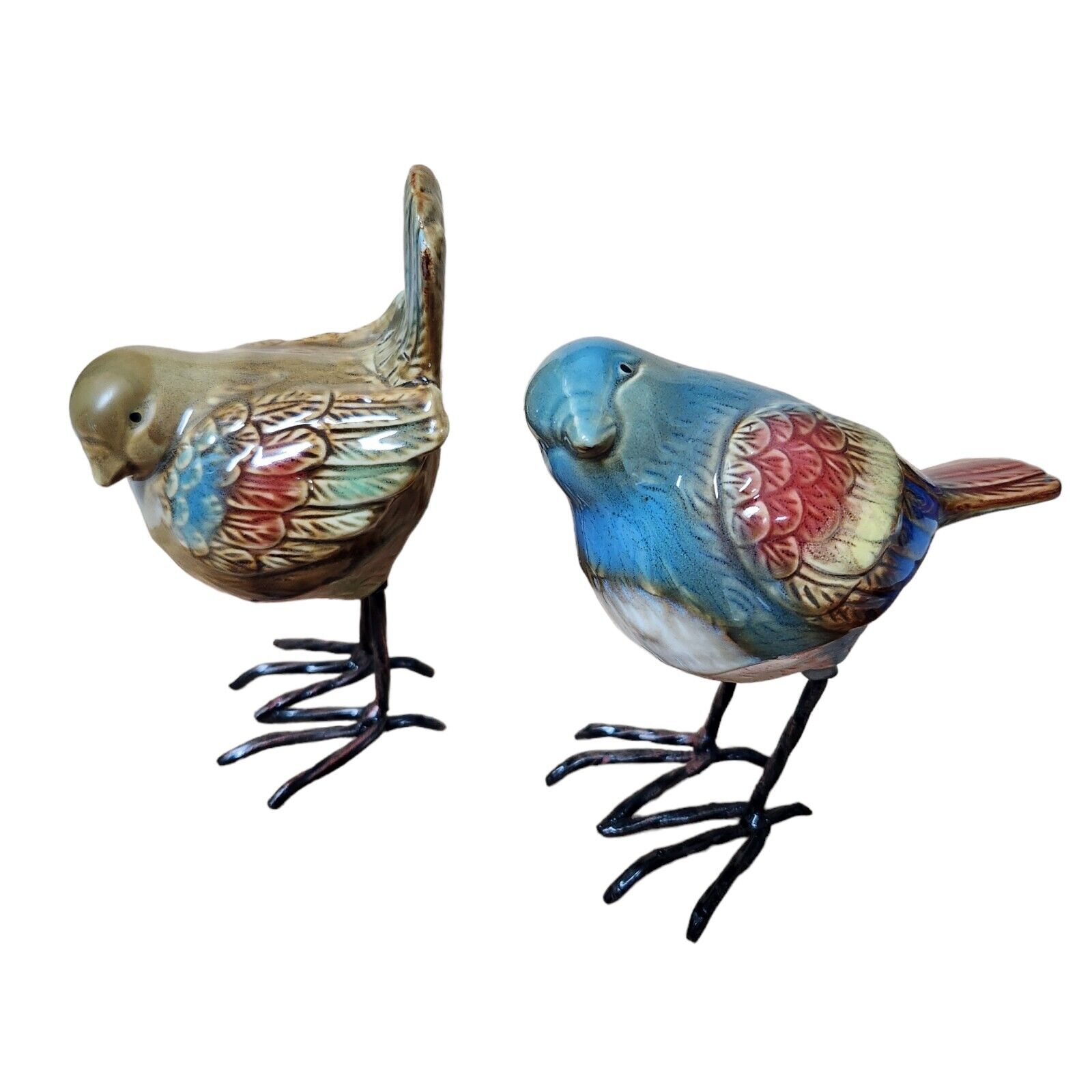 Decorative Glazed Ceramic Bird Figures Hand Painted With Wrought Iron Feet 5\