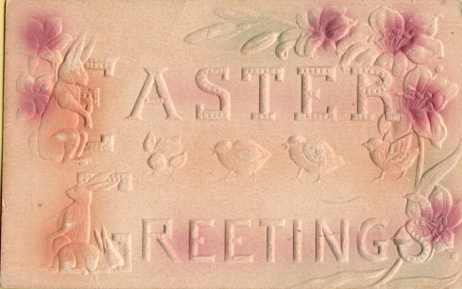 Antique Postcard 1908 Easter Greetings Embossed w/Bunnies & Chicks Airbrushed