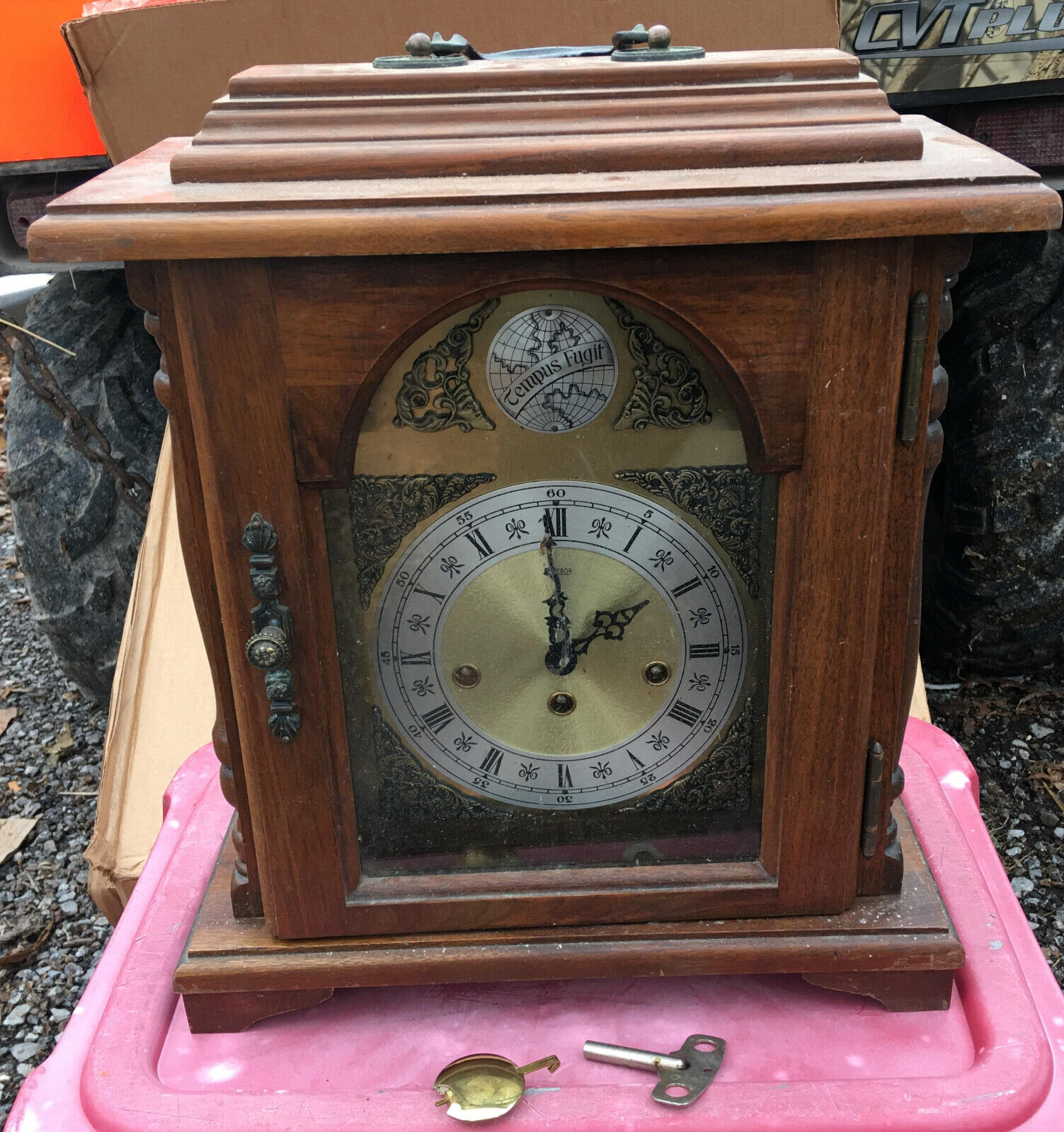 Franz Hermle 341-020 Tempus Fugit Mantel Clock vintage wood cabinet emperor