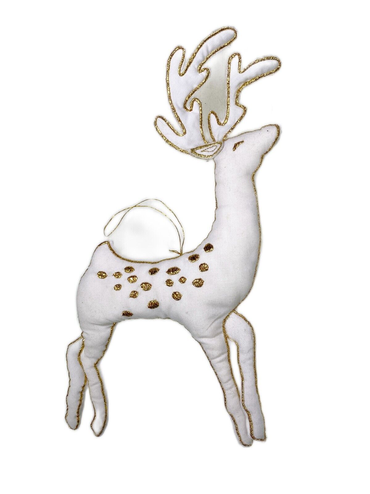 Plush Reindeer Christmas Holiday Ornament H9” x 6” White Gold Accent