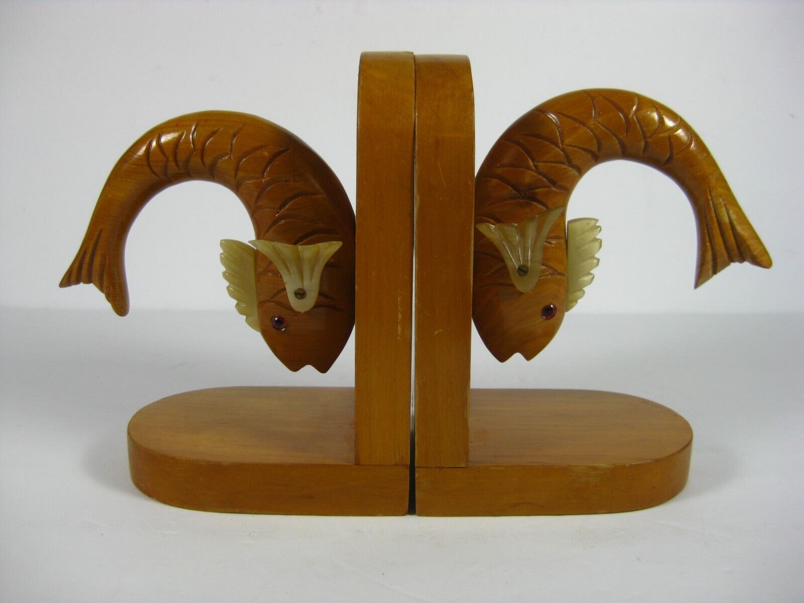 Vintage signed Carved Wood Koi Carp Fish Bookends with carved shell-like Fins