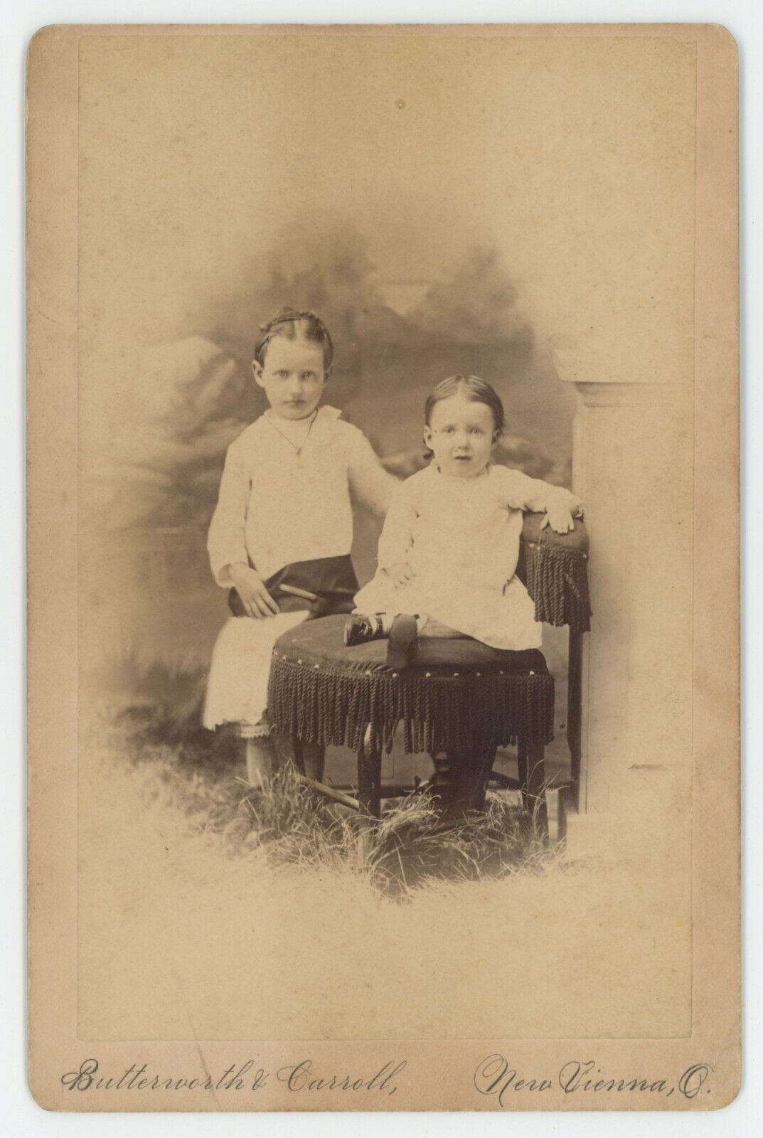 Antique Circa 1880s Cabinet Card Adorable Children in Dresses New Vienna, OH