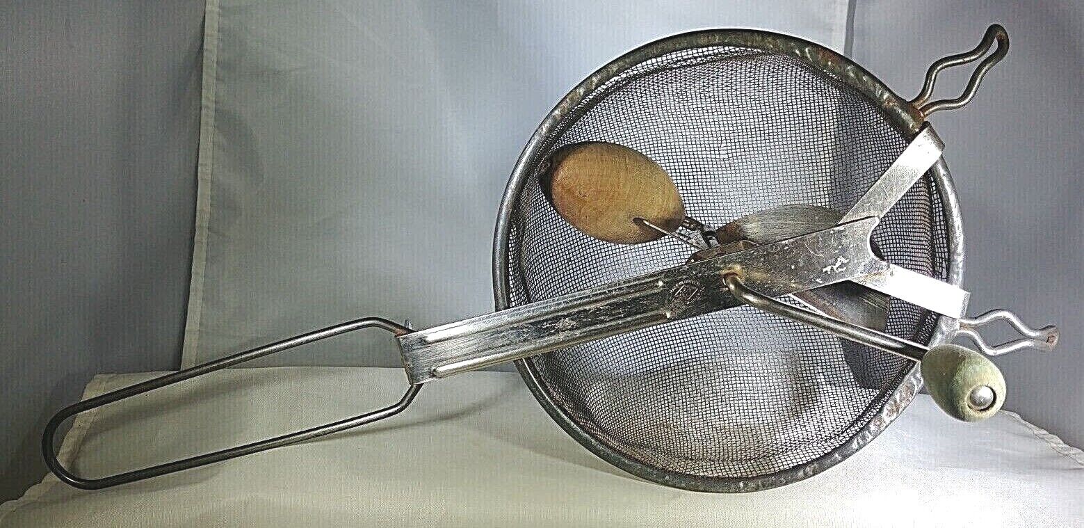 1930'S FLOUR SIFTER WITH REMOVED PADDLE & WOOD EGG