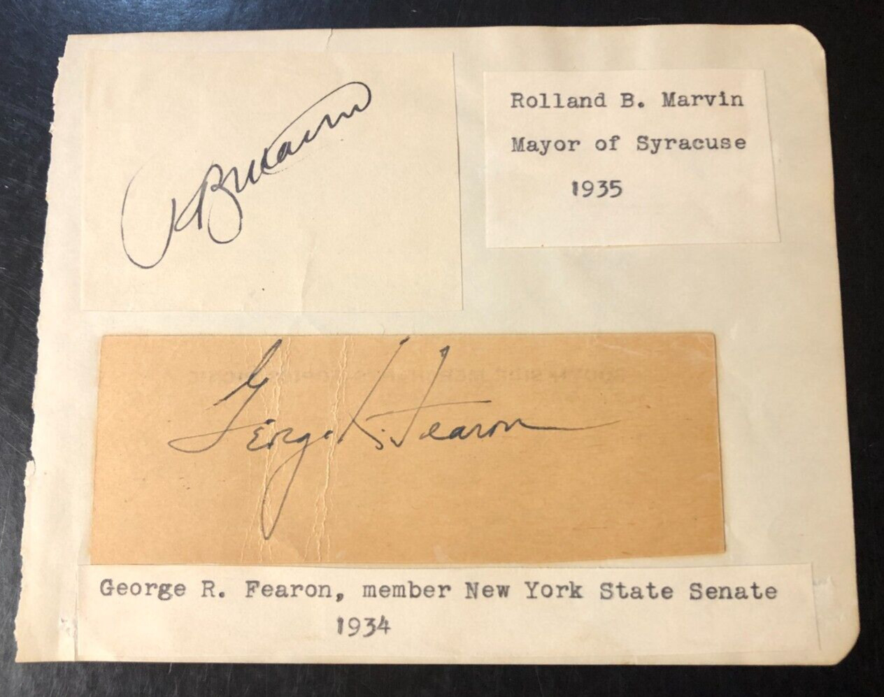 1930s Album Page with signatures of the Mayor of Syracuse and a NY State Senator