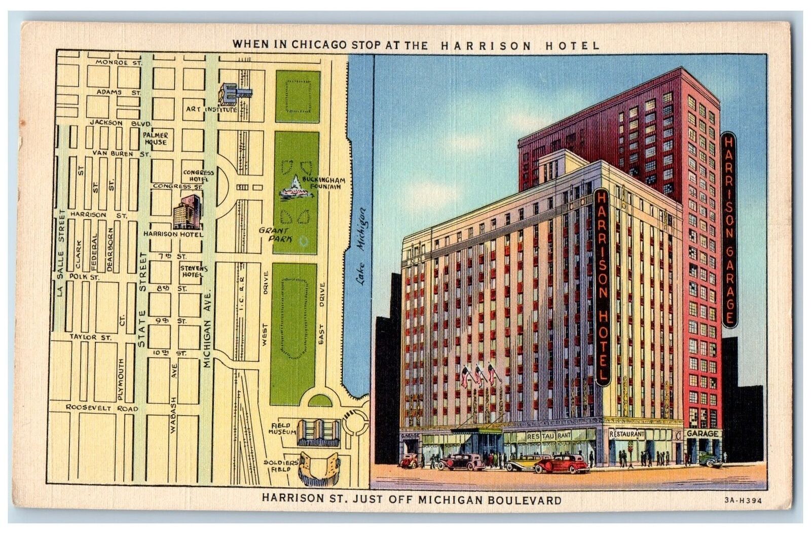 Chicago Illinois IL Postcard Harrison Hotel Building Exterior Roadside c1940's
