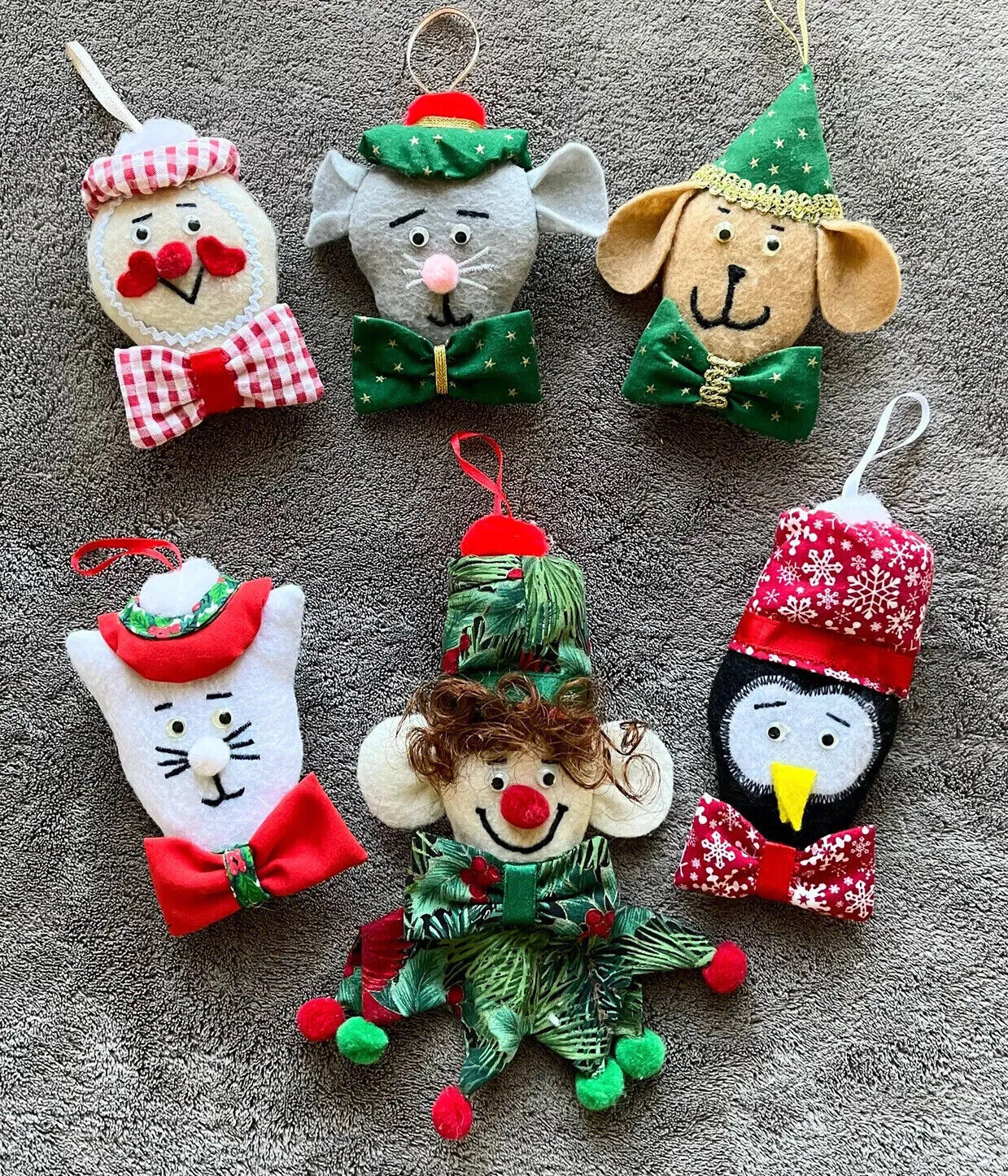 Lot 6 Christmas Ornaments Felt 6-9” Vtg Handmade Embroidered Clown Dog Cat Mouse