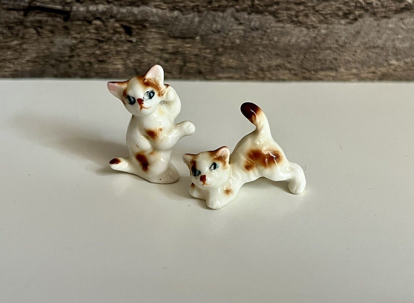 2 Vintage Cat Miniatures Figurines White Brown Kitten Porcelain Or Ceramic