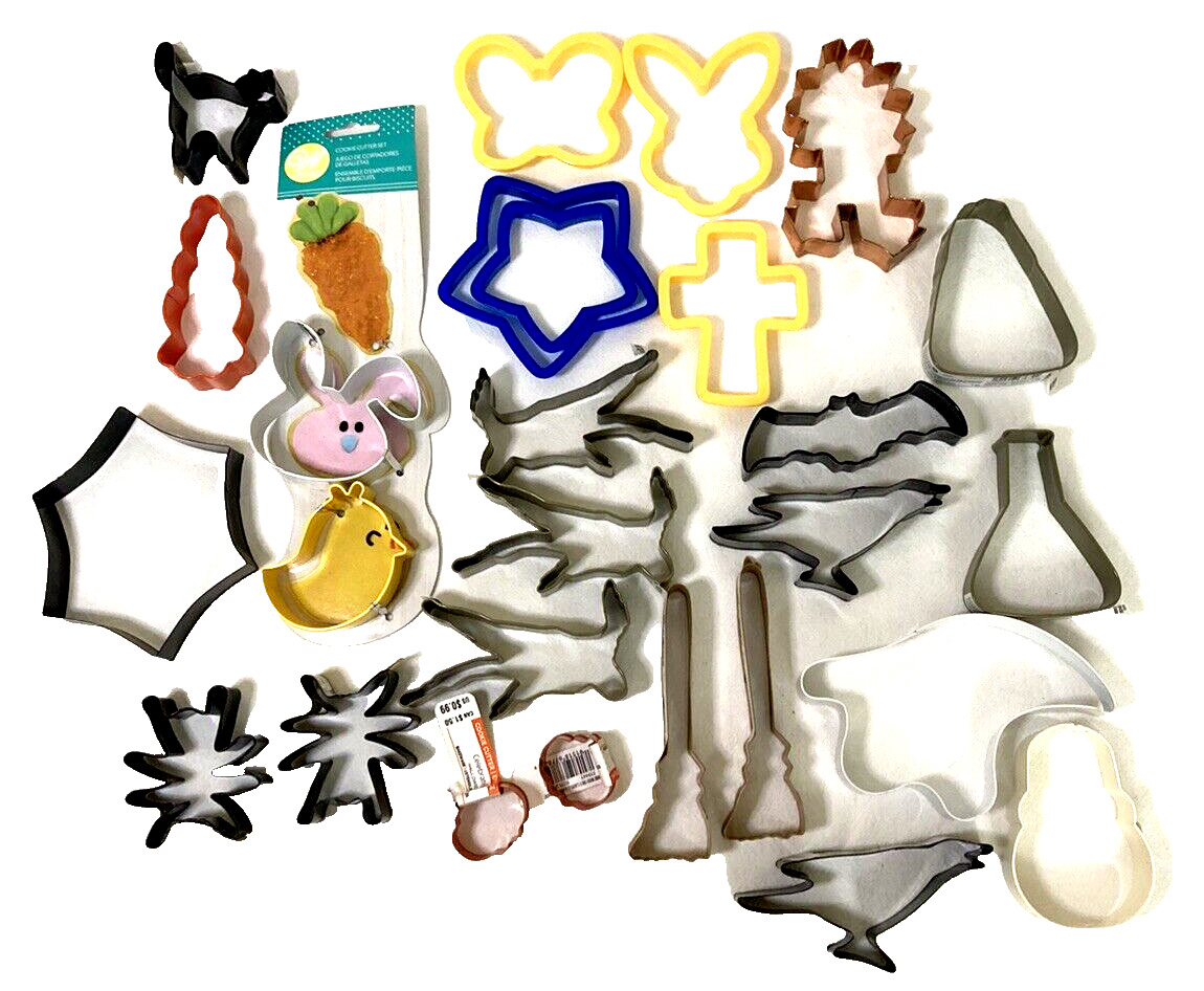 Cookie Biscuit Cutters Lot of 27 Metal & Plastic Large & Small Easter Halloween