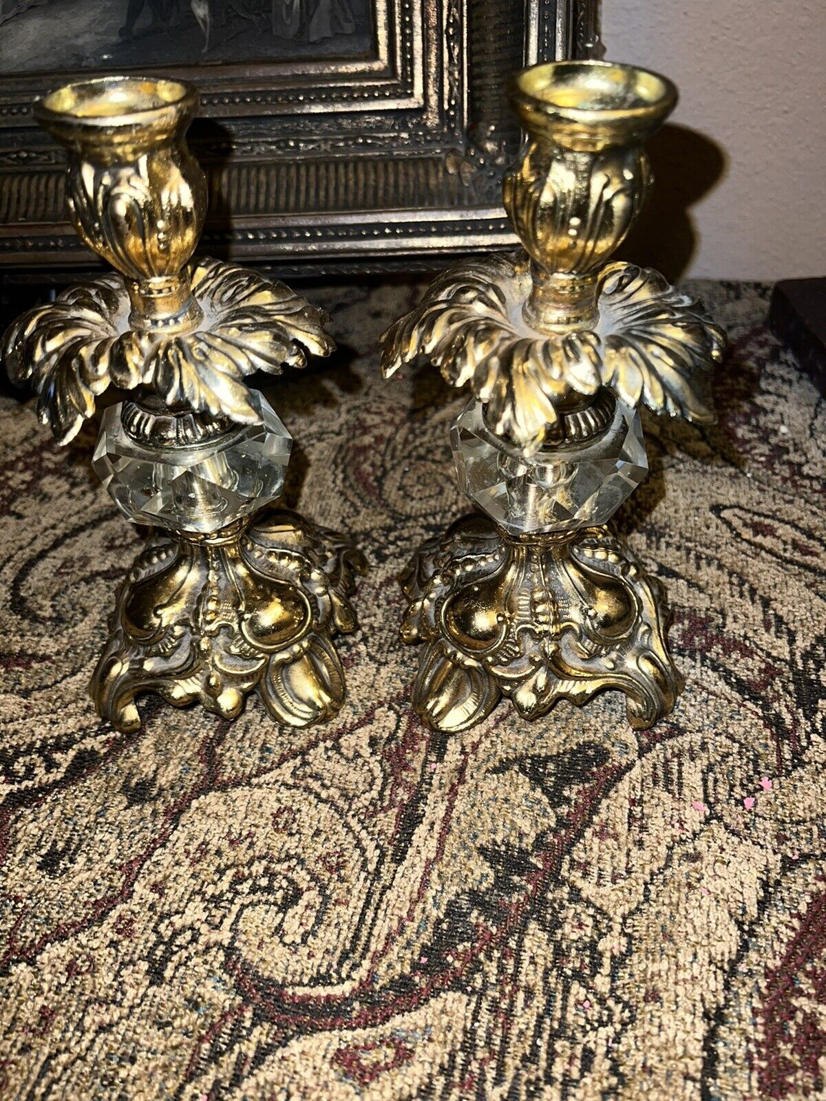 Pair Antique Hollywood Regency Style Ornate Gold cast Brass  Candlestick Holders