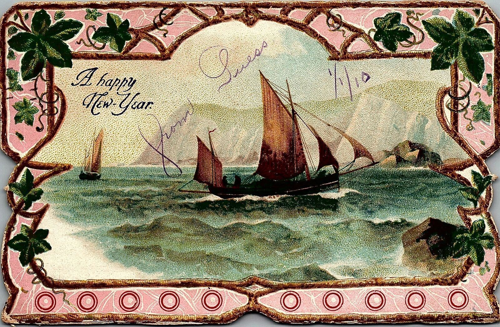 1909 HAPPY NEW YEAR DIE CUT SAILING SHIPS BUFFALO NEW YORK POSTCARD 36-232