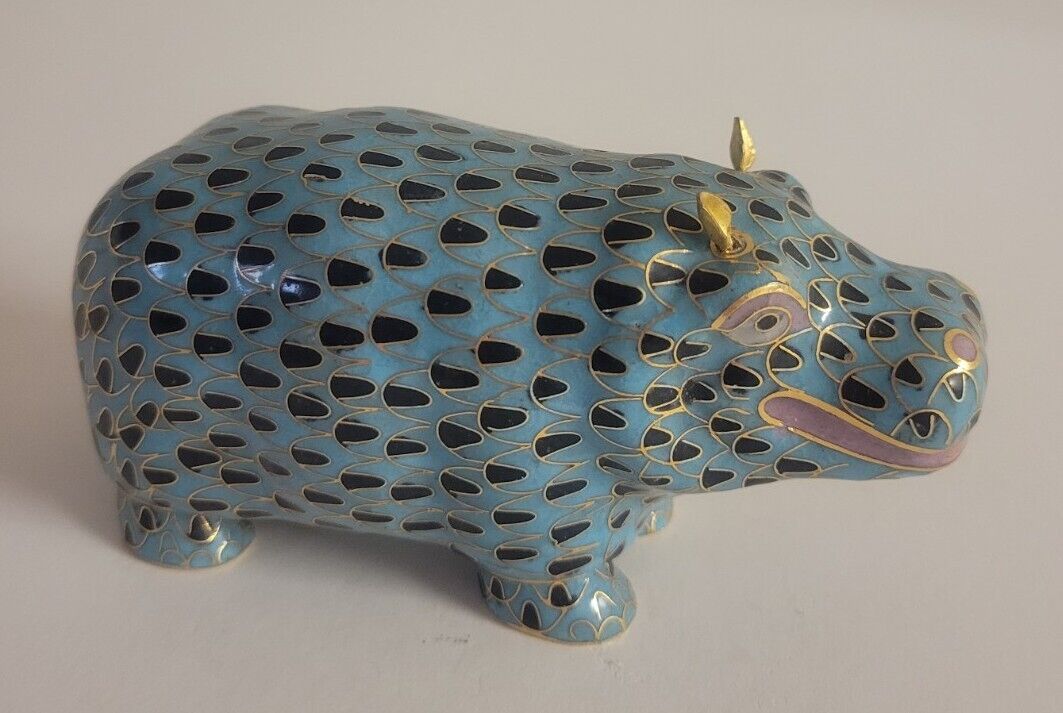 Cloissone Hippopotamus Figurine Enamel Turquoise Gold Black
