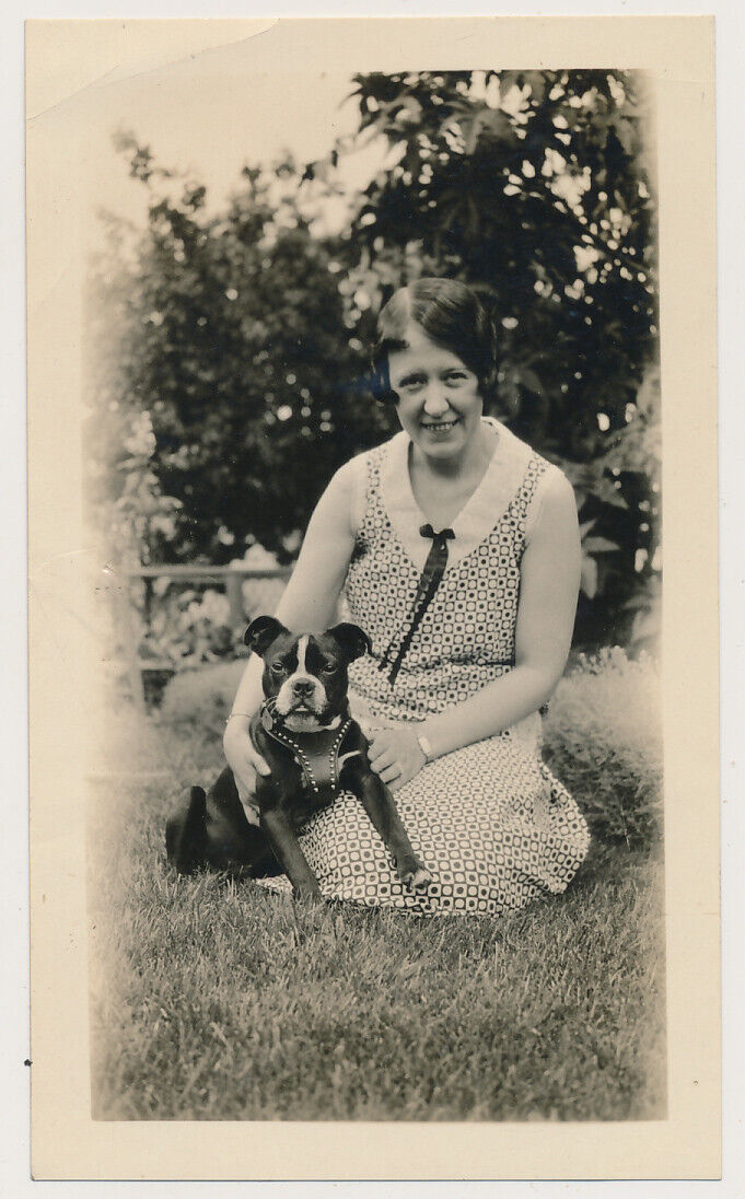 CUTE PIT BULL BOSTON TERRIER DOG w PET LOVER WOMAN vtg 1920\'s SNAPSHOT photo