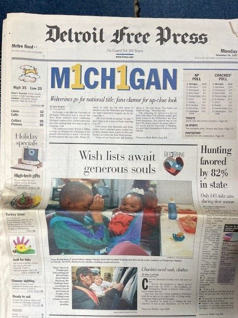 Detroit Free Press Michigan Football National Champions Nov 24, 1997