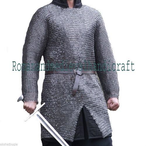 9MM CHAINMAIL SHIRT HAUBERK  LARGE FLAT RIVETED WITH WASHER OILED MEDIEVAL