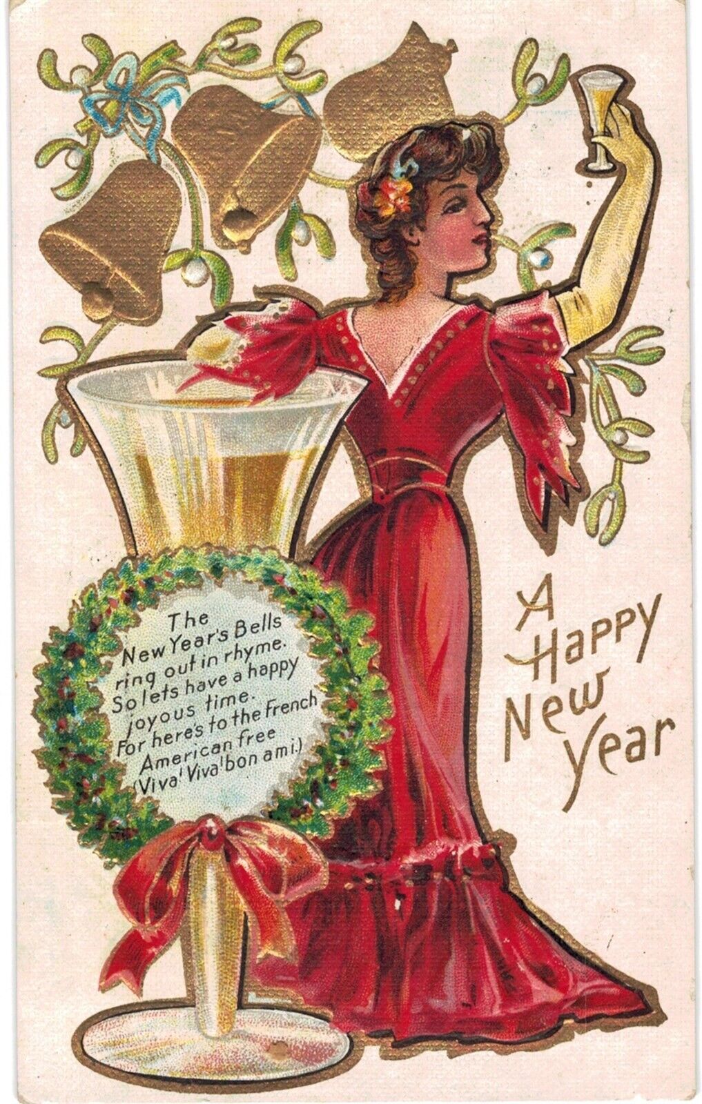 Happy New Year Woman In Red Red Gilded Embossed Champagne French American 1910 