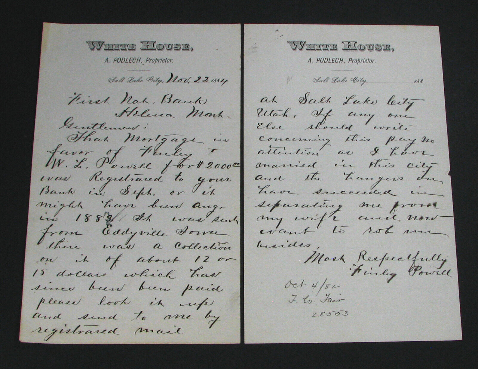 #55 - 2 pgs 1884 SALT LAKE CITY UTAH TERR / WHITE HOUSE letterheads LOSS of WIFE