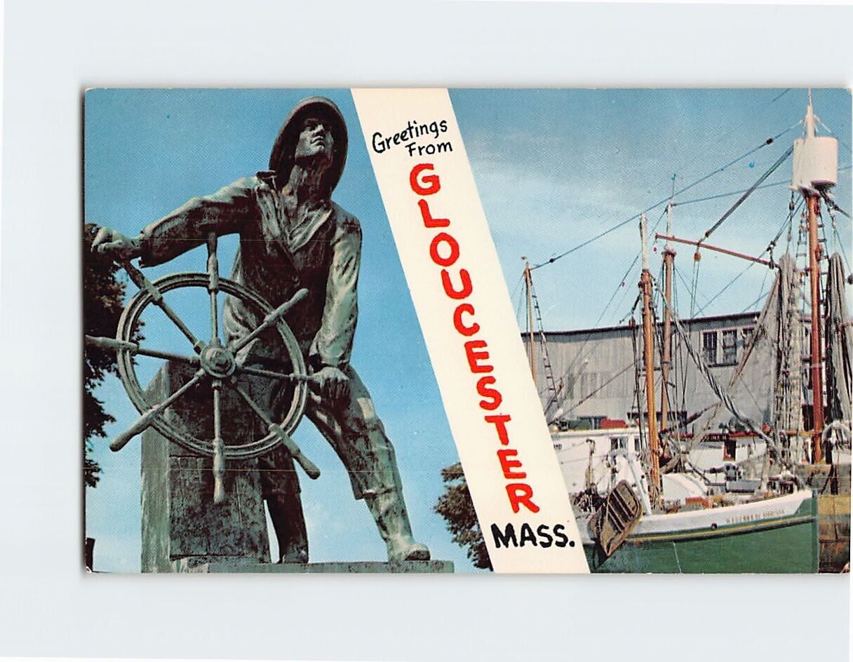Postcard Fisherman\'s Permanent Memorial and Along the Wharfs Gloucester MA USA