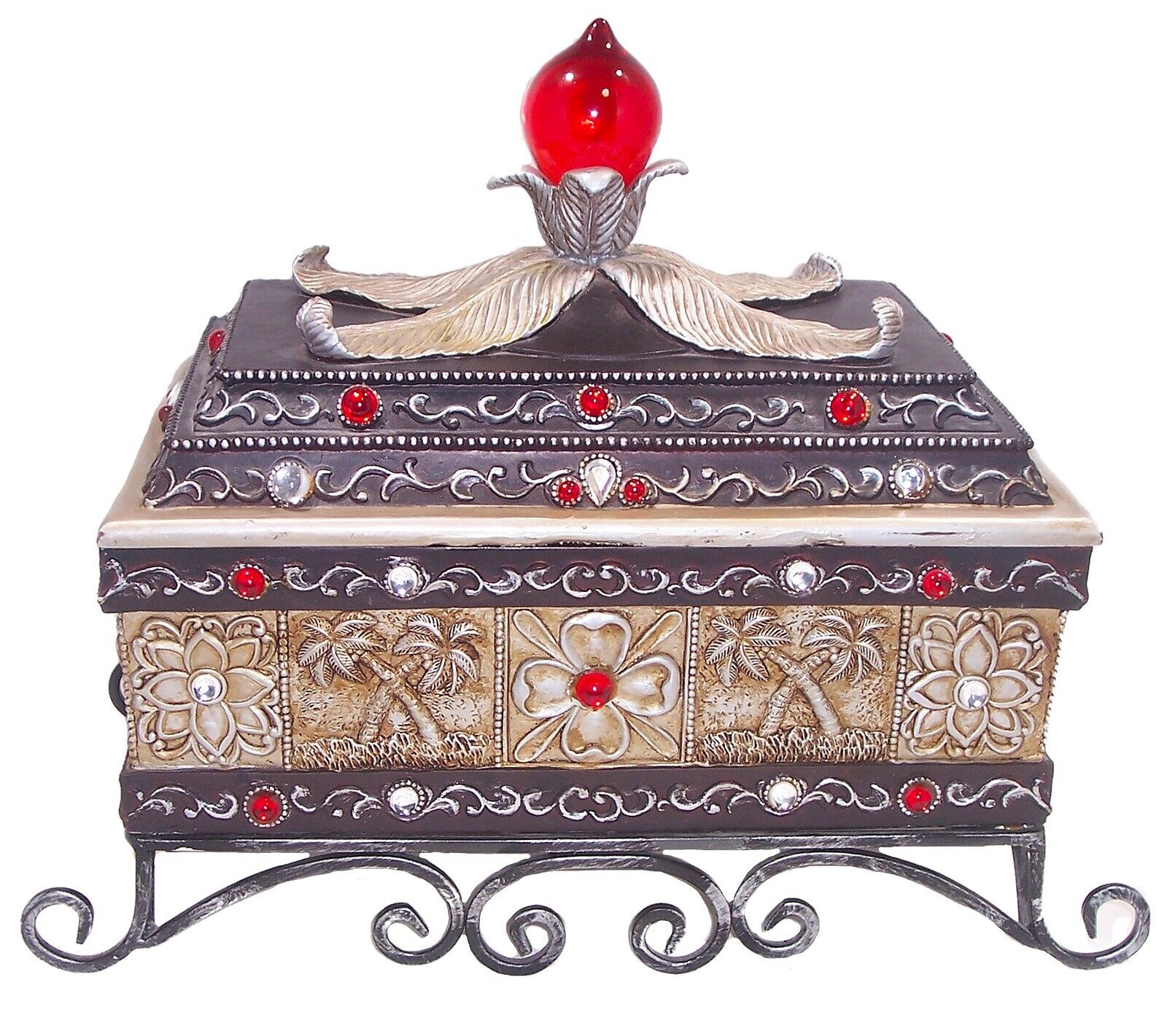 Large Bejeweled Treasure/Jewelry Box, Red Glass Handle, Wrought Iron Base