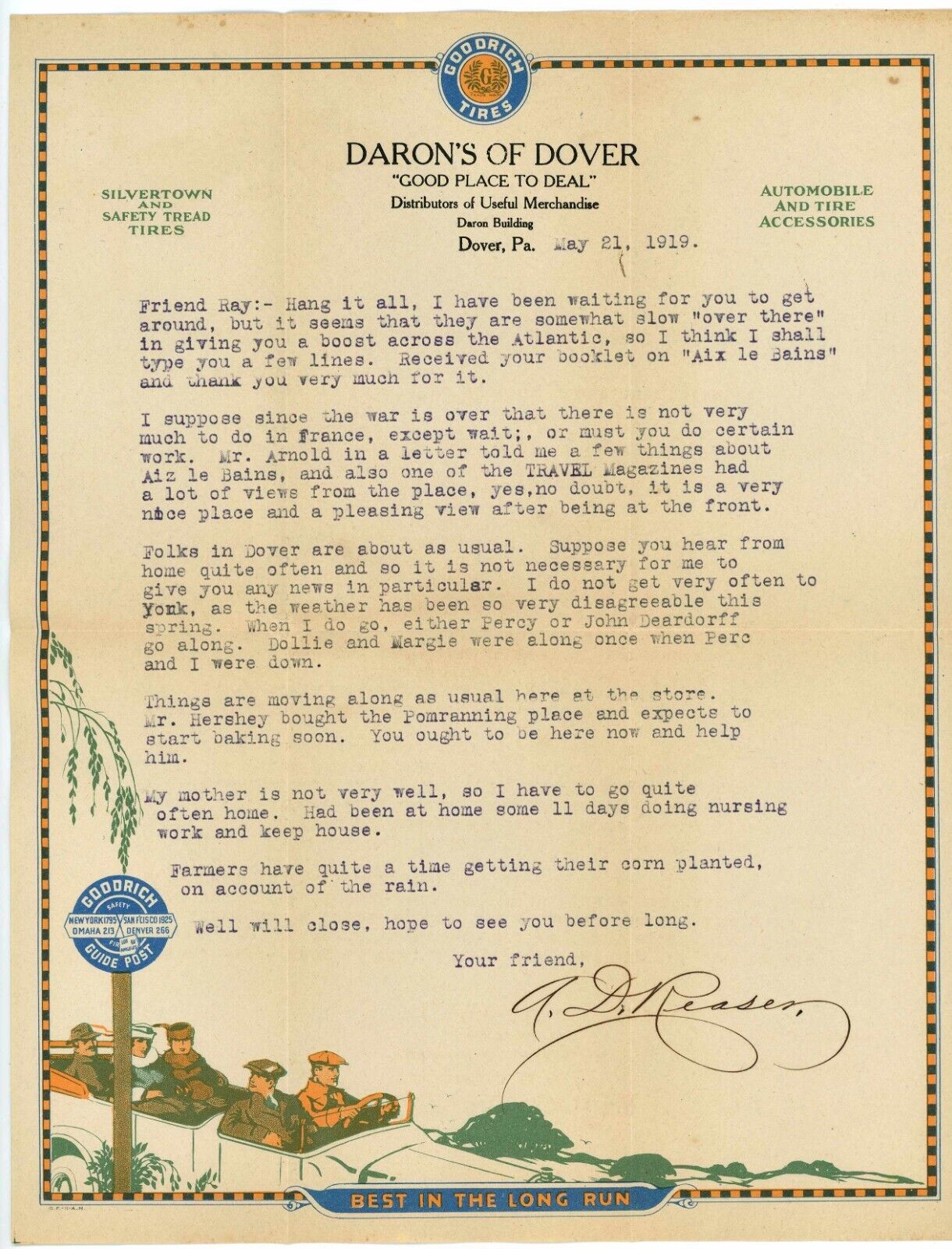 1919 GOODRICH TIRES ~ Daron\'s Of Dover Letterhead ~ Dover Pennsylvania