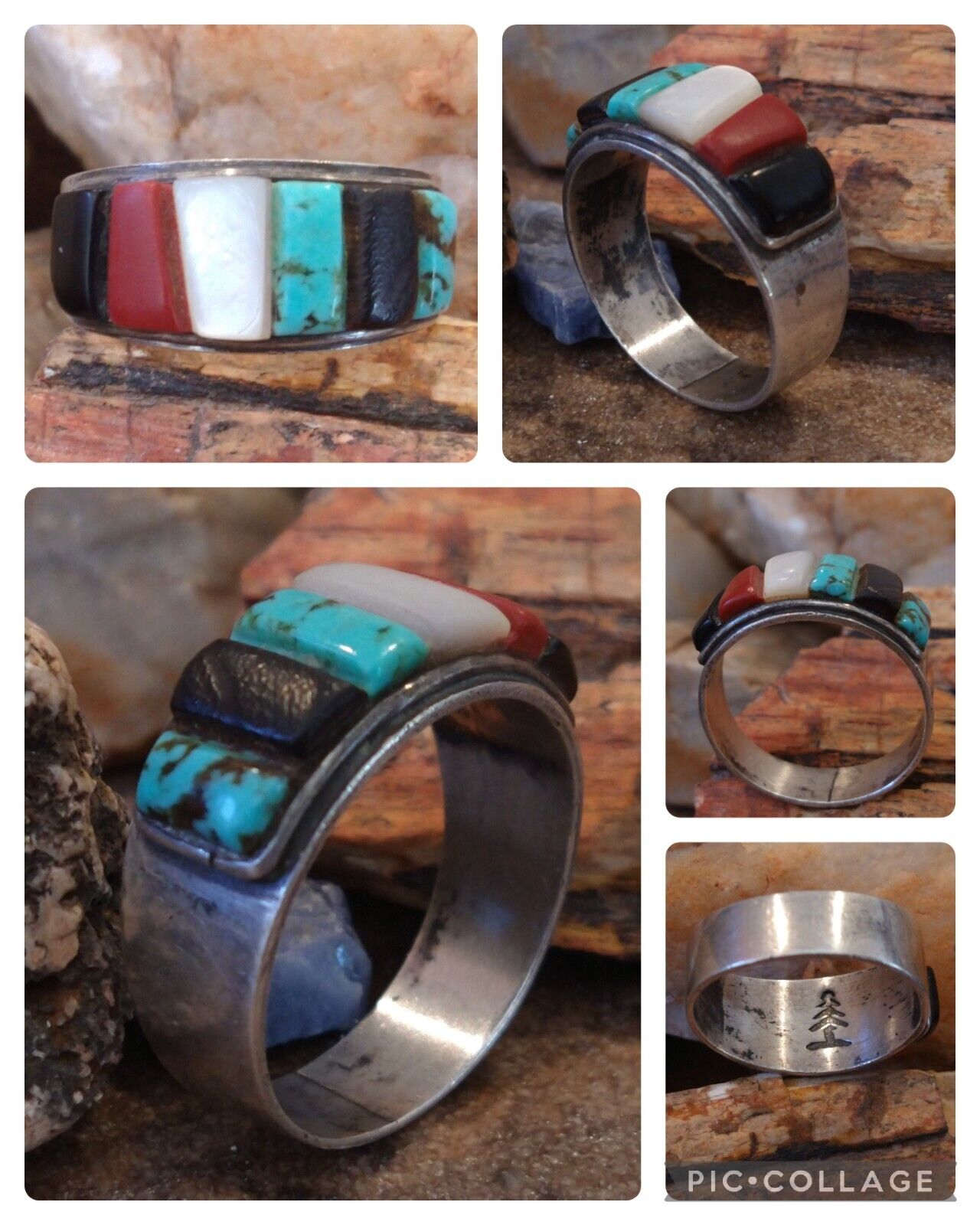Vintage HARRY BERT Navajo-Hopi Sterling Multi Color COBBLESTONE RING - Sz 10.25