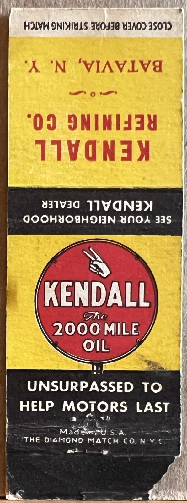 Kendall Refining Co Batavia NY New York Kendall 2000 Mile Oil Matchbook Cover