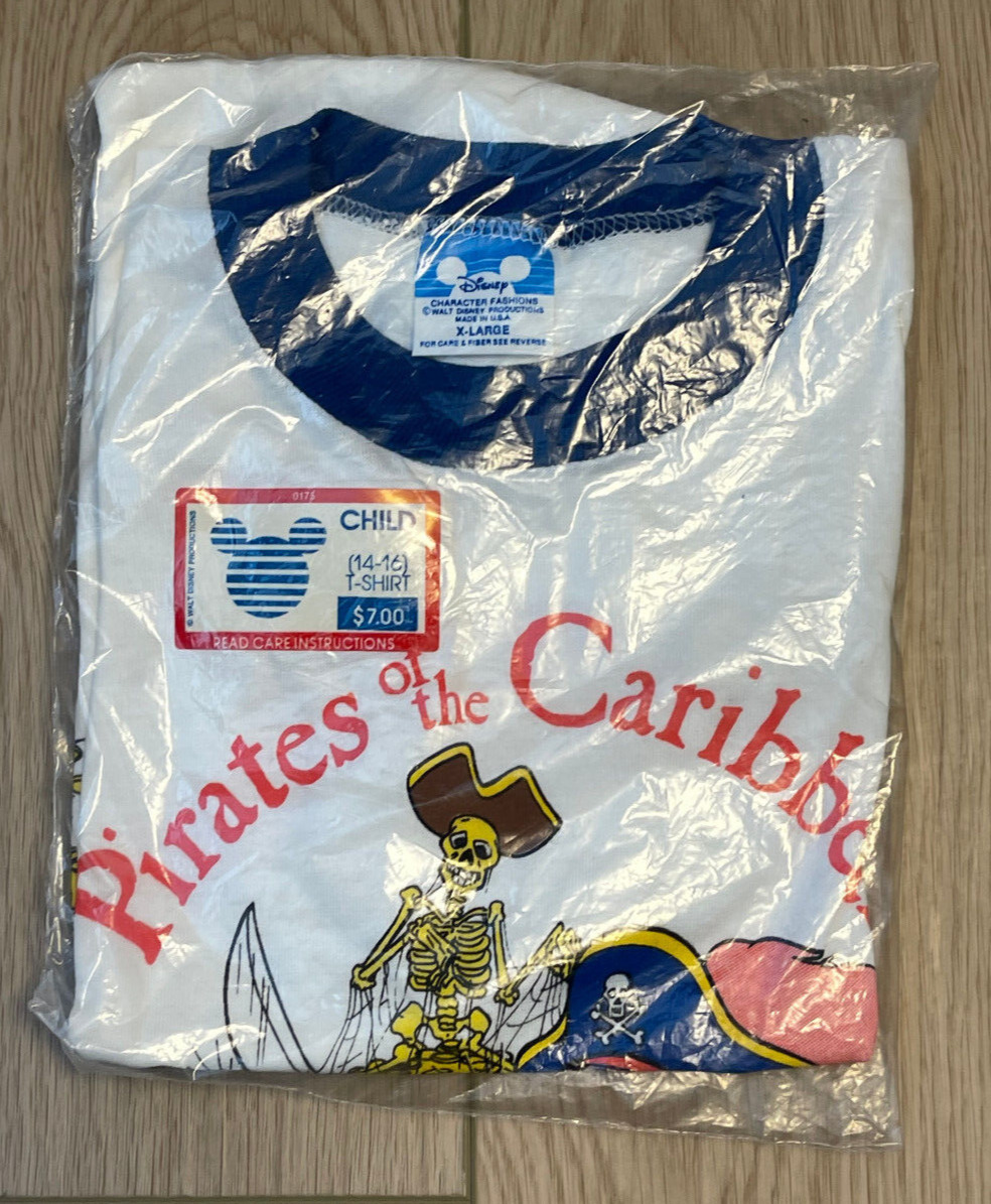 Vintage 1980s Disney Pirates Caribbean t-shirt CHILD size 14-16 Sealed Orig Pkg