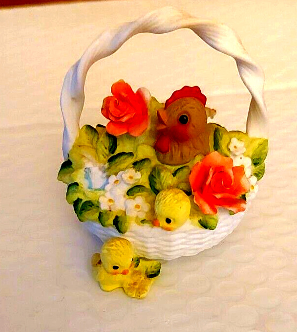 Vintage Georgian Fine Bone China Basket Of Birds Rooster & Chicks & Flowers 2.5\