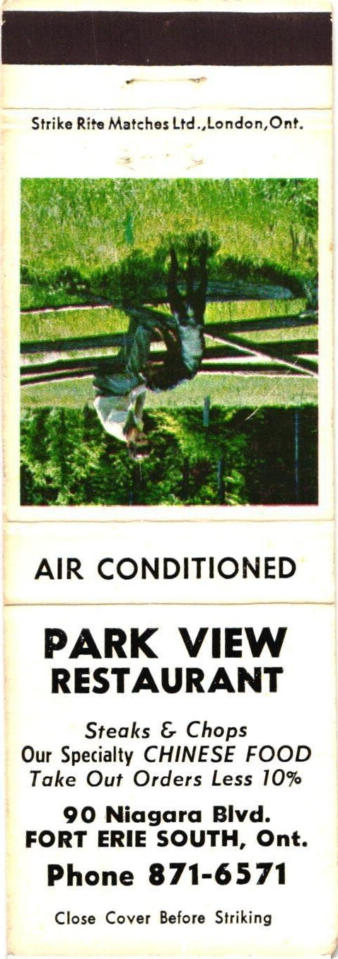Park View Restaurant Steaks & Chops, Ontario, Canada Vintage Matchbook Cover