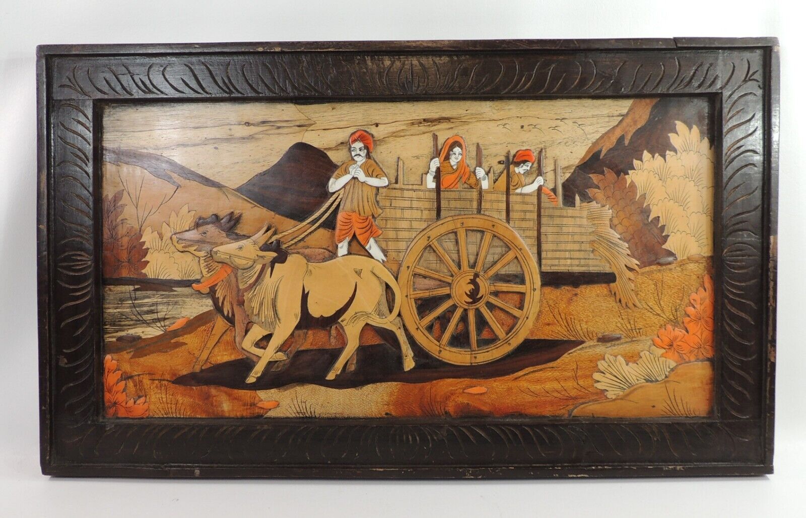 Vintage Various Wood Marquetry Inlay Indian Oxen Cart Hauling Farmers & Harvest