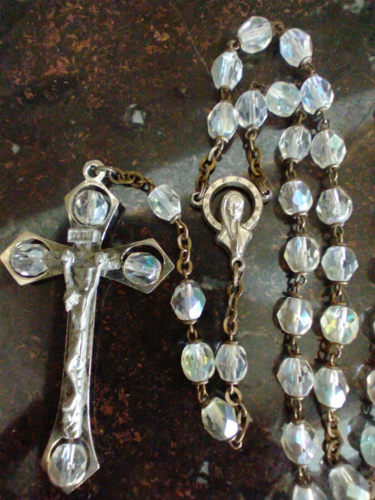 Vintage Catholic Rosary Clear Faceted Glass