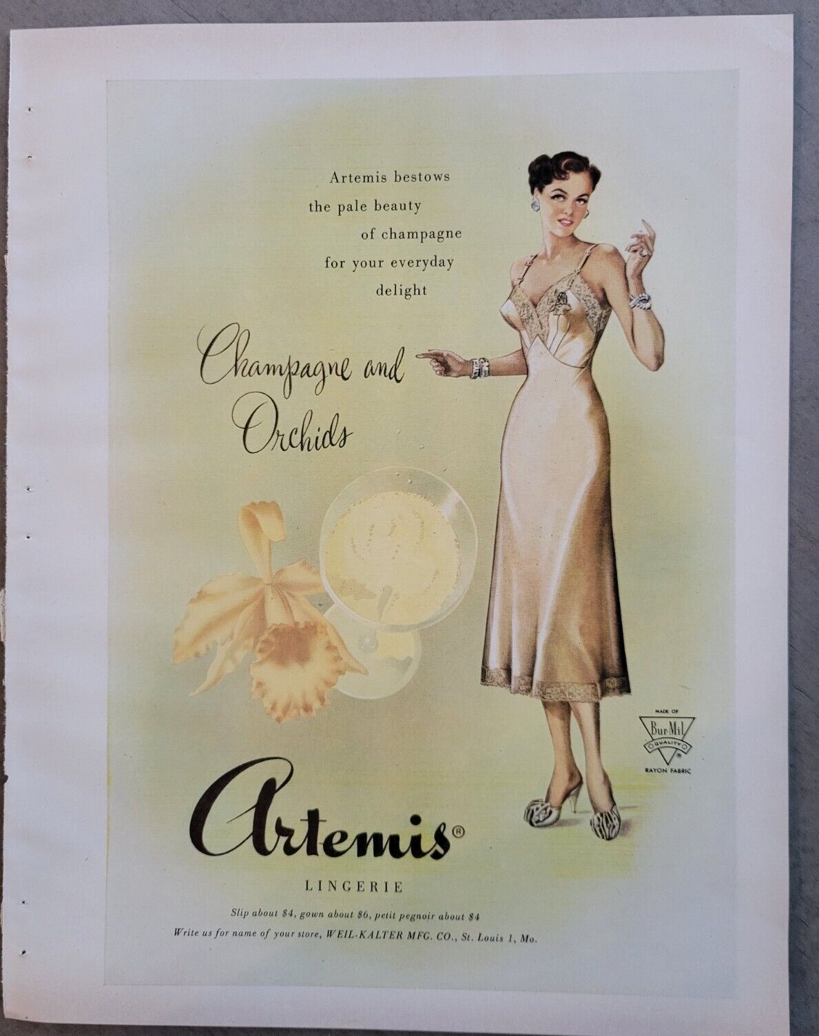  1949 women\'s Artemis slip lingerie champagne and orchids vintage fashion ad