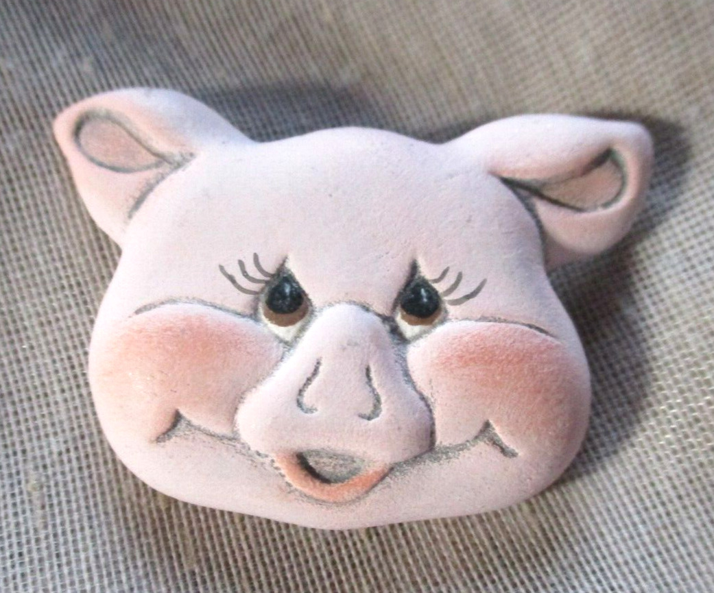 VINTAGE ADORABLE HANDMADE CERAMIC PINK PIG BUTTON - 2 INCHES