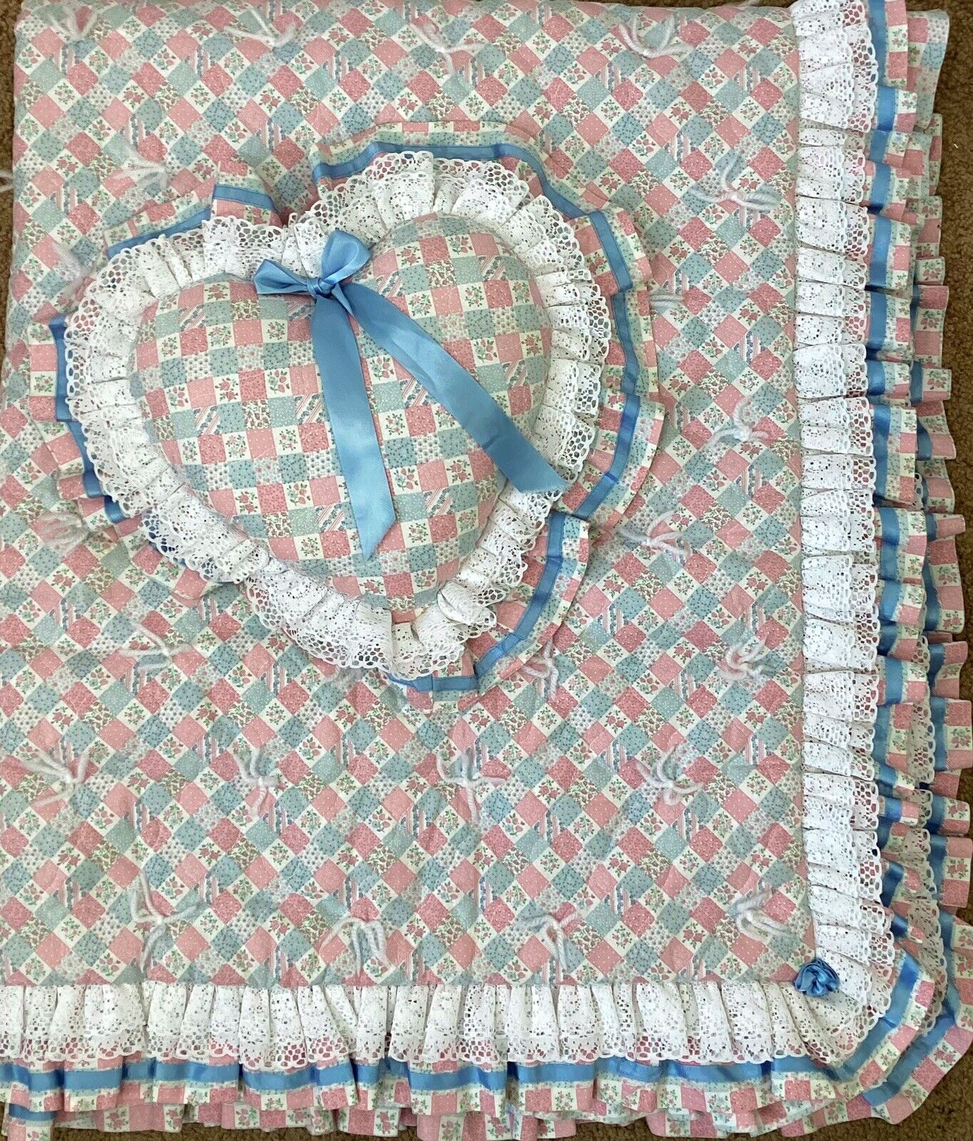Vintage 80s Handmade Patchwork Calico Cheater Crib Quilt/Pillow 45”x55”